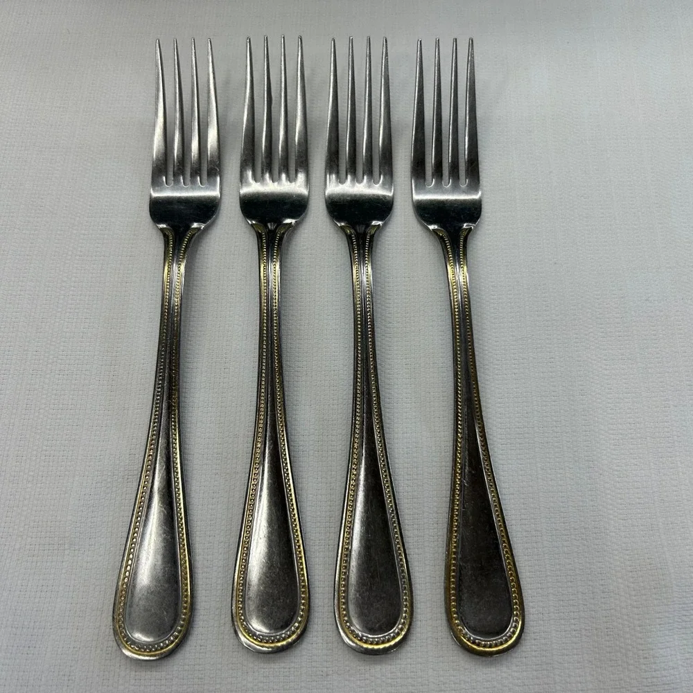 4 pc International Silver Royal Bead Gold Dinner Forks 7.5